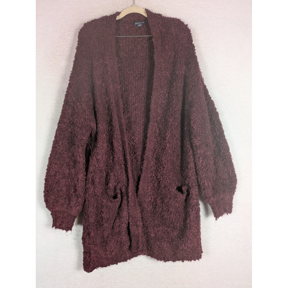 American Eagle Cardigan Women's L Burgundy Wool Blend Bouclé Open Front Pocket